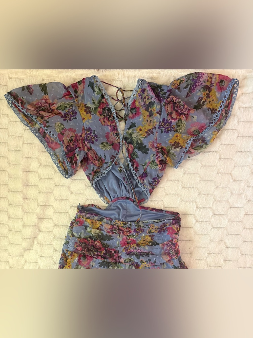 Boohoo Floral Dobby Cut Out Ruffle Maxi Dress Blue Boho Size 6 - Picture 8 of 10